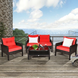COSTWAY 4-Piece Outdoor Patio Rattan Wicker Conversation Set, Loveseat, Coffee Table & Two Sofa Chairs W/accent Cushions (4PCs) - In Red