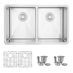 STYLISH 30" L X 18" W Undermount Double Bowl 16 Gauge Stainless Steel Kitchen Sink, Two Grids, Two Basket Strainers, S-304Xg