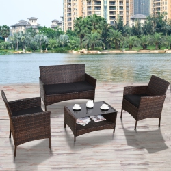 COSTWAY 4PCs Patio Outdoor Garden Rattan Furniture Set Table Shelf Sofa With Cushion In Black