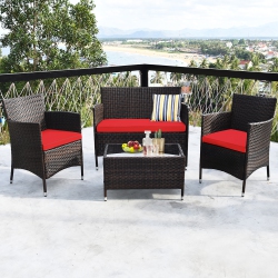 COSTWAY 4PCs Patio Outdoor Garden Rattan Furniture Set Table Shelf Sofa With Cushion In Red