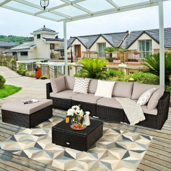 COSTWAY 6PCs Outdoor Patio Rattan Furniture Set Cushioned Sectional Sofa Ottoman