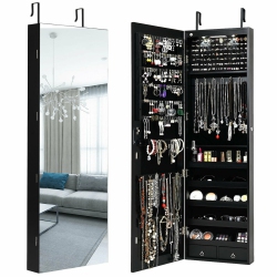 GYMAX Wall & Door Mounted Mirrored Jewelry Cabinet Storage Organizer W/ Lights&drawer