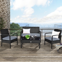 COSTWAY Modern 4-Piece Outdoor Patio Conversation Set Rattan Wicker Table&cushioned Sofa Furniture In Black