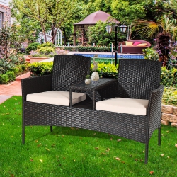 COSTWAY Modern Patio Chat Set Rattan Seat Sofa Loveseat Table Chairs With Cushion
