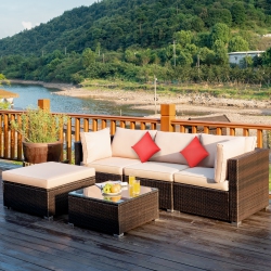 COSTWAY 5PCs Outdoor Patio Rattan Furniture Set Sectional Conversation W/cushion