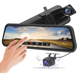 HLD Mirror Touch Dash Cam 10 Inches Touch Screen Full HD 1080P, Wide Angle Front Camera, Waterproof Rear Camera, \w Emergency Recording, 24H Parking