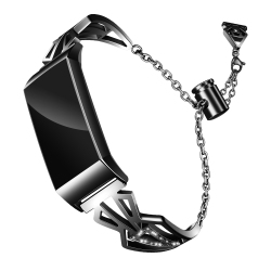 STRAPSCO Stainless Steel Watch Bracelet Band Strap With Rhinestones for Fitbit Charge 3 - In Black