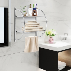 GYMAX Wall Mount Shower Organizer Holder 2-Tier Bathroom Rack Storage Toilet Towel Bar