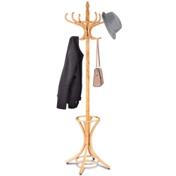 GYMAX Wood Standing Hat Coat Rack Jacket Bag Hanger Tree 12 Hooks W/ Umbrella Stand