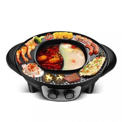 Portable Home Electric Hot Pot Cooking Machine， BBQ Grill and Hot Pot,Multi-Function Barbecue Hot Pot Double Pot Electric Grill Home Electric Baking Tray Korean Style Dual Control with 5 Temperature a 