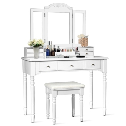 GYMAX Vanity Set W/7 Drawers Tri-Folding Necklace Hooked Mirror Dressing Table In White