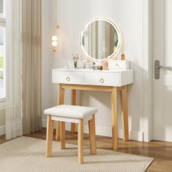 COSTWAY Vanity Set With Led Lighted Mirror Round Mirror & Soft Cushioned Stool 4 Drawers