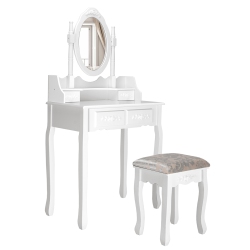 COSTWAY Vanity Wood Makeup Dressing Table Stool Set Jewelry Desk W/4 Drawer&mirror In White
