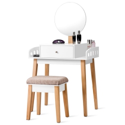 COSTWAY Wooden Vanity Makeup Dressing Table Stool Set Round Mirror W/1 Drawer