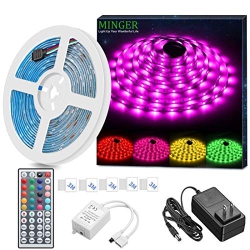 MINGER RGB Led Light Strip 5M (16.4 Ft) 150 Leds Smd 5050 Flexible Waterproof Rope Lighting With 44 Ir Controller
