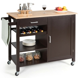 GYMAX 4-Tier Wood Kitchen Island Trolley Cart Storage Cabinet W/ Wine Rack & Drawer