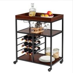 GYMAX 3 Tier Storage Kitchen Trolley Utility Bar Serving Cart W/wine Rack & Glass Holder