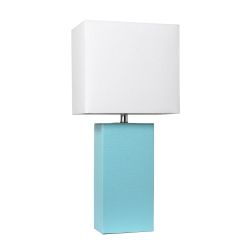 ELEGANT DESIGNS Modern Leather Table Lamp With Fabric Shade, Aqua In White