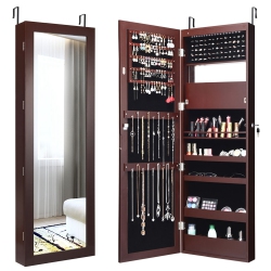 COSTWAY Lockable Wall Door Mounted Mirror Jewelry Cabinet Armoire Organizer W/led Lights