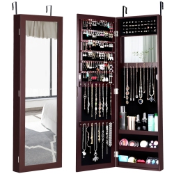 COSTWAY Wall Door Mounted Mirrored Jewelry Cabinet Armoire Storage Organizer In Brown