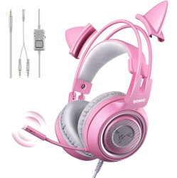 NAVOR Stereo Gaming Headset With Mic for Ps4, Xbox, PC, Mobile Phone, 3.5MM Noise Reduction Cat Ear Headphones Lightweight Over Ear Headphones In Pink