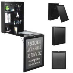 GYMAX White/black/brown Wall Mounted Table Fold Out Desk With A Blackboard/chalkboard