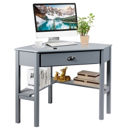 GYMAX Corner Computer Desk Laptop Writing Table Workstation W/ Drawer & Shelves In Gray