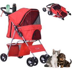 PAWHUT Dog Stroller, One-Click Folding Pet Stroller \w Cup Holder, 4 Wheels Travel Carrier W/ Brakes, 360° Swiveling Front Wheels, Storage Basket