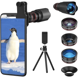 HLD Phone Camera Lens Kit 4 In 1, 22X Telephoto Lens, 235° Fisheye Lens, 25X Macro Lenses, 0.62X Wide Angle Lens, Cell Phone Lens Kits