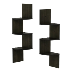 FURINNO Rossi Wood Wall Mount Floating Corner Radial Shelf In Espresso(Set Of 2)