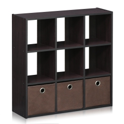 FURINNO 13207Dwn Simplistic 9-Cube Organizer With Bins, Dark Walnut