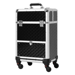 HOMCOM Rolling Aluminum Makeup Train Case, Portable Professional Cosmetic Makeup Case With 4 Wheels, Lock And Keys In Black