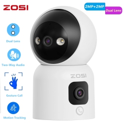 ZOSI C528D 360° Pan/tilt Dual-Lens 2Mp+2Mp Wifi Indoor Security Camera, Baby/pet Monitor, One-Touch Call, Human Tracking, Two-Way Audio, Plug-In Power