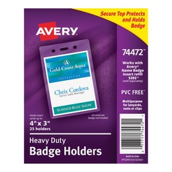AVERY Heavy-Duty Secure Top Clear Badge Holders, Fits Inserts Up to 4" X 3", Portrait, 25 Holders (74472) (74472) In Multicolor