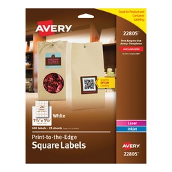 AVERY Easy Peel(R) Labels, Sure Feed(Tm) Trueblock(R), Permanent Adhesive, Square 1.5" X 1.5", 600 Labels (22805) (22805)