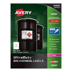 AVERY Ultraduty(R) Ghs Chemical Labels for Laser Printers, Waterproof, Uv Resistant, 8-1/2" X 11", 50 Labels (60501) (60501)