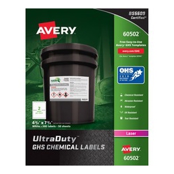 AVERY Ultraduty Ghs Chemical Labels for Laser Printers, Waterproof, Uv Resistant, 4-3/4" X 7-3/4", 100 Labels (60502)