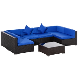 OUTSUNNY 7 Piece Patio Furniture Set, Pe Rattan Outdoor Conversation Set \w Sectional Sofa, Glass Tabletop, Cushions And Pillows for Garden, Lawn