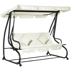 OUTSUNNY 3-Seat Outdoor Patio Swing Chair, Converting Flat Bed, Canopy Swing With Adjustable Shade, Removable Cushions, Cup Holder, Cream In White
