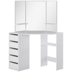HOMCOM Corner Vanity Desk With Mirror, Makeup Vanity Table With 5 Drawers And Open Shelves, Dressing Table With 3-Piece Mirror for Bedroom In White