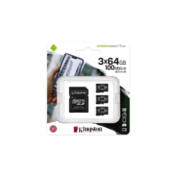 KINGSTON TECHNOLOGY - Set Of 3 Micro Sdxc Canvas Select Plus Cards, 100R, A1, C10, 64GB With 1 Adapter