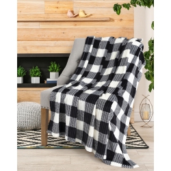 SAFDIE & CO. Throw Blanket Flannel Printed Ribbed Plaid In White