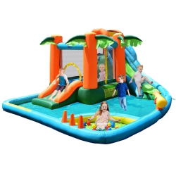 COSTWAY Inflatable Bounce House Kids Water Splash Pool Dual Slide Jumping Castle W/ Bag