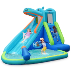 COSTWAY Inflatable Kids Hippo Bounce House Slide Climbing Wall Splash Pool W/ Bag