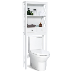 COSTWAY Over The Toilet Storage Rack Bathroom Space Saver W/ 2 Open Shelves & Drawers