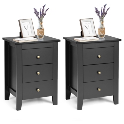 COSTWAY Set Of 2 Nightstand End Beside Sofa Table W/ 3 Drawers Bedroom Furniture In Black