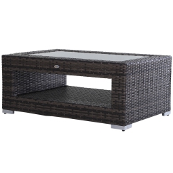 OUTSUNNY 2-Tier Rattan Patio Coffee Table Outdoor Side Table Pe Wicker Patio Garden Tea End Desk \w Tempered Glass Top & Storage for Balcony