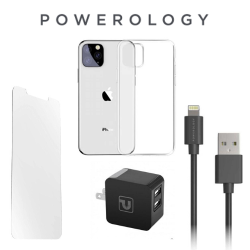 POWEROLOGY Essentials Kit 4In1 for Iphone 11 Pro Max - Slim Clear Case, Screen Protector, Cable And Dual 3.4A Charger