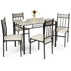 COSTWAY 5 Piece Dining Set Faux Marble Top Table And 4 Padded Seat Chairs W/ Metal Legs