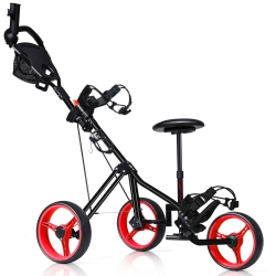 COSTWAY Foldable 3 Wheel Push Pull Golf Club Cart Trolley W/seat Scoreboard Bag